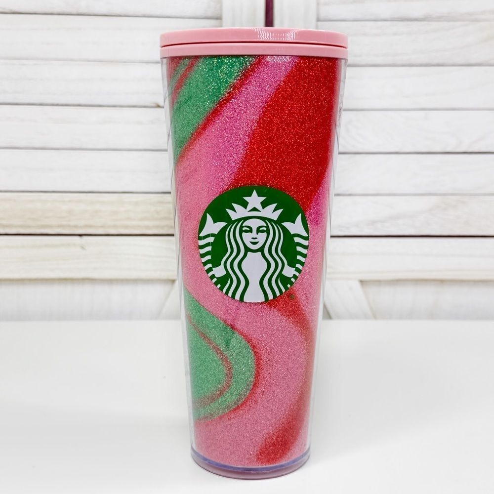 Starbucks Swirl Glitter Tumbler Cup with Lid Pink Red Green 24oz Venti